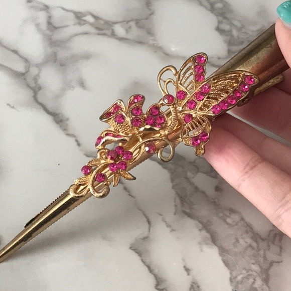 Pink and Gold Rhinestone Butterfly Hair Clip - Picture 4 of 4